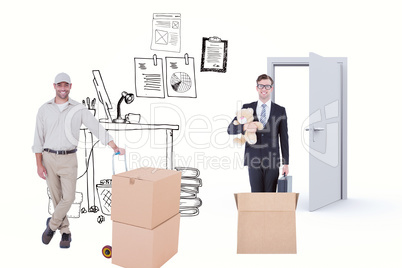 Composite image of confident delivery man with cardboard boxes