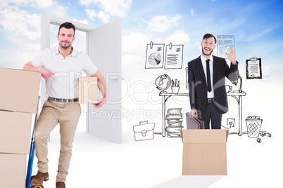 Composite image of delivery man with trolley of boxes