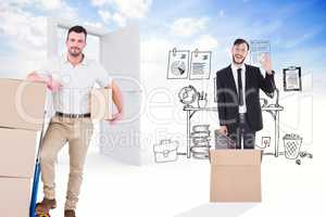 Composite image of delivery man with trolley of boxes