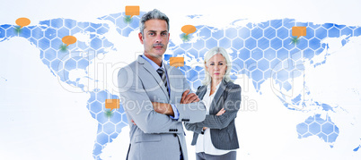 Composite image of  smiling businesswoman and man with arms cros