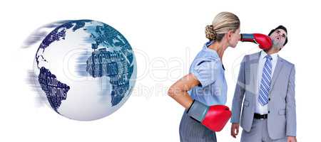Composite image of businesswoman punching colleague with boxing