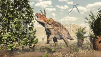 Triceratops eating at magnolia tree - 3D render