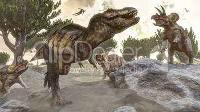 Tyrannosaurus rex escaping from triceratops attack - 3D render