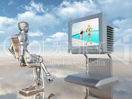 Weiblicher Roboter mit Fernsehgerät