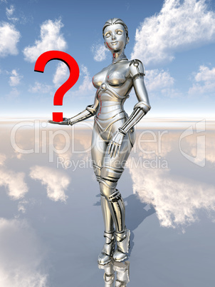 Weiblicher Roboter mit Fragezeichen