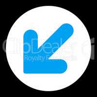 Arrow Down Left flat blue and white colors round button