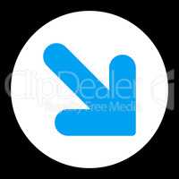 Arrow Down Right flat blue and white colors round button