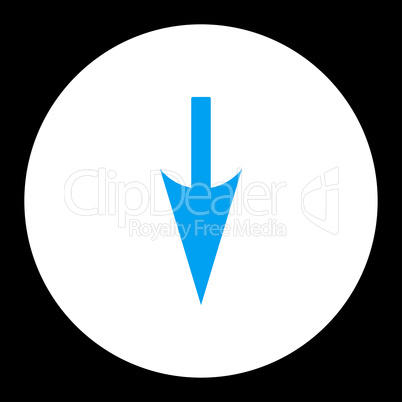 Sharp Down Arrow flat blue and white colors round button