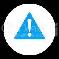 Warning flat blue and white colors round button