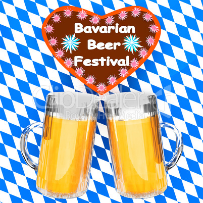 Beer glasses and gingerbread heart on Bavarian flag