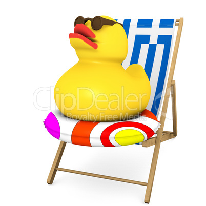 Squeaker duck sitting in the wooden deck chair