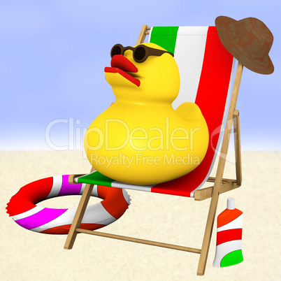 Squeaker duck sitting in the wooden deck chair