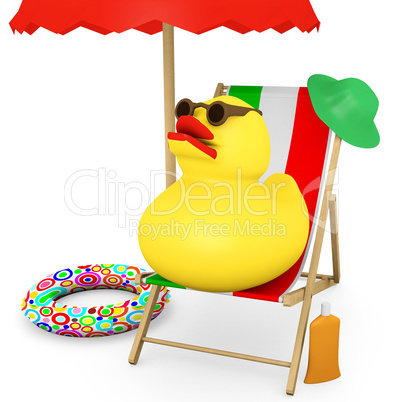 Squeaker duck sitting in the wooden deck chair