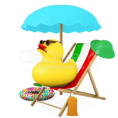 Squeaker duck sitting in the wooden deck chair