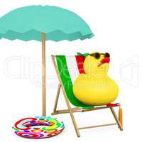 Squeaker duck sitting in the wooden deck chair