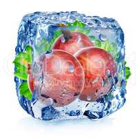 Red gooseberry in ice cube