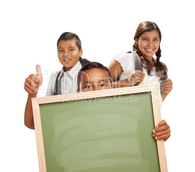 Students with Thumbs Up Holding Blank Chalk Board on White