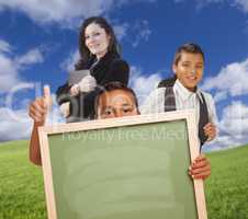 Young Boys with Blank Chalk Board, Teacher Behind on Grass