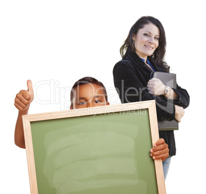 Boy with Thumbs Up, Blank Chalk Board and Teacher Behind