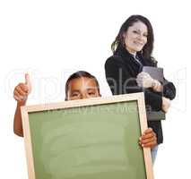 Boy with Thumbs Up, Blank Chalk Board and Teacher Behind