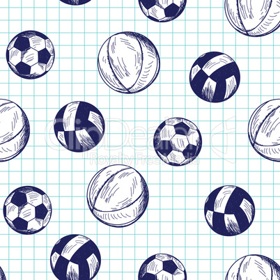 Seamless pattern with hand drawn different sport balls