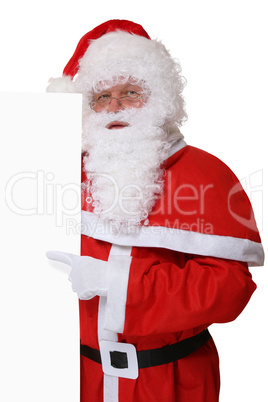 Weihnachtsmann Nikolaus zeigt an Weihnachten auf leeres Schild m