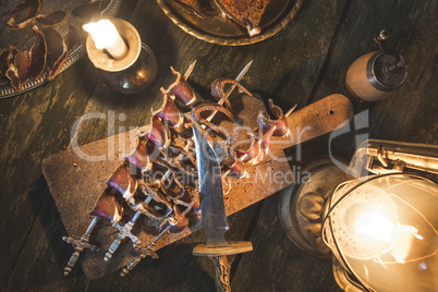 Dried meat on wooden table