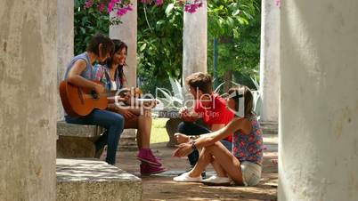 11 Young People Friends Students Laughing Singing Playing Guitar Music