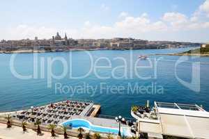 The view on Valletta and cruise yacht with tourists, Sliema, Mal