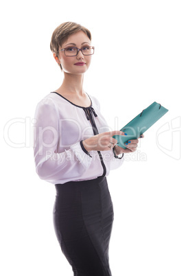 Girl with a folder in hands on a white background