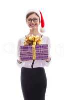 brunette with a gift in hand on white background