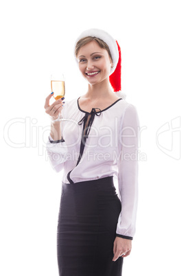 brunette with a gift in hand on white background