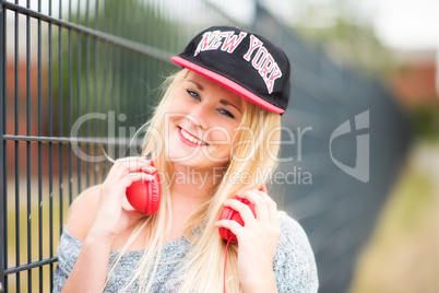 Blondine mit Kopfhörer steht lächelnd am Zaun