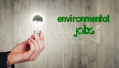 Composite image of hand holding environmental light bulb