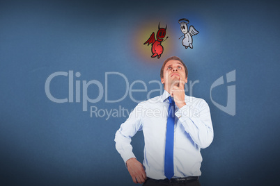 Composite image of thinking businessman touching his chin