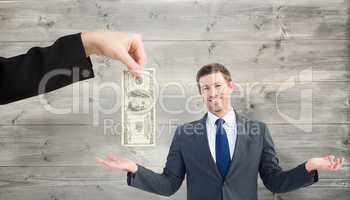 Composite image of happy businessman with hands out