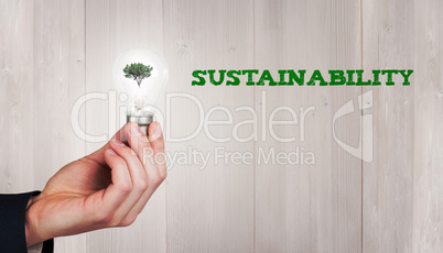 Composite image of hand holding environmental light bulb