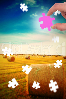 Composite image of hand holding jigsaw piece