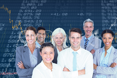 Composite image of business people looking at camera with arms c