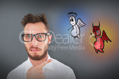 Composite image of geeky young businessman looking at camera and