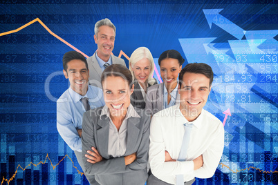 Composite image of smiling business people looking at camera wit