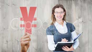 Composite image of happy woman writing in diary