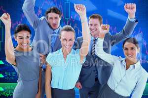 Composite image of excited business team cheering at camera