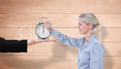 Composite image of businesswoman gesturing