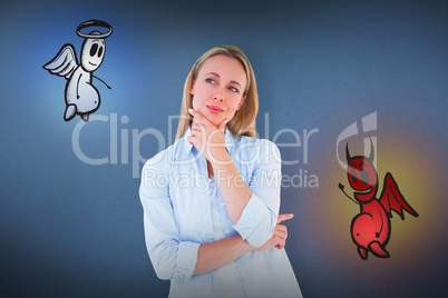 Composite image of pretty blonde thinking with hand on chin