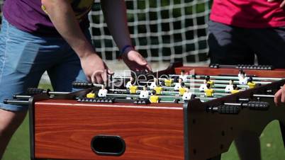 Close-up of playing table football (soccer)