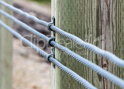 Close-up of three metal cables attached to wood