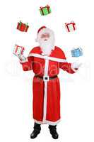 Weihnachtsmann Nikolaus Portrait beim Jonglieren von Geschenke a