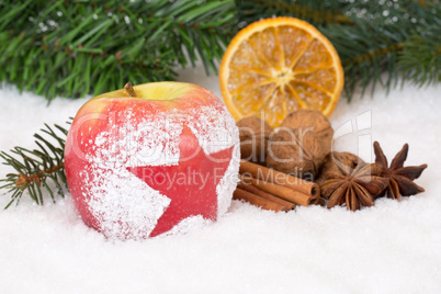 Apfel Frucht an Weihnachten im Winter Dekoration mit Schnee