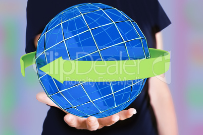 Hand holding sphere with orbiting arrow